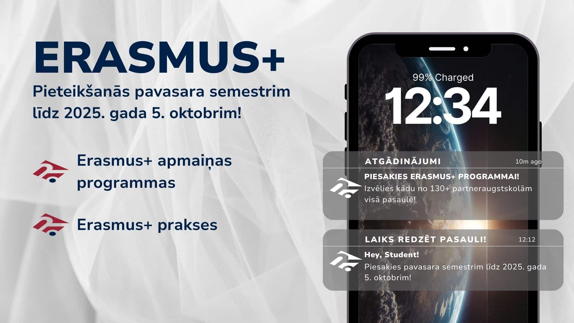 Pieteikšanās ERASMUS+ un Double Degree programmām pavasara semestrim 2026 ir atvērta!