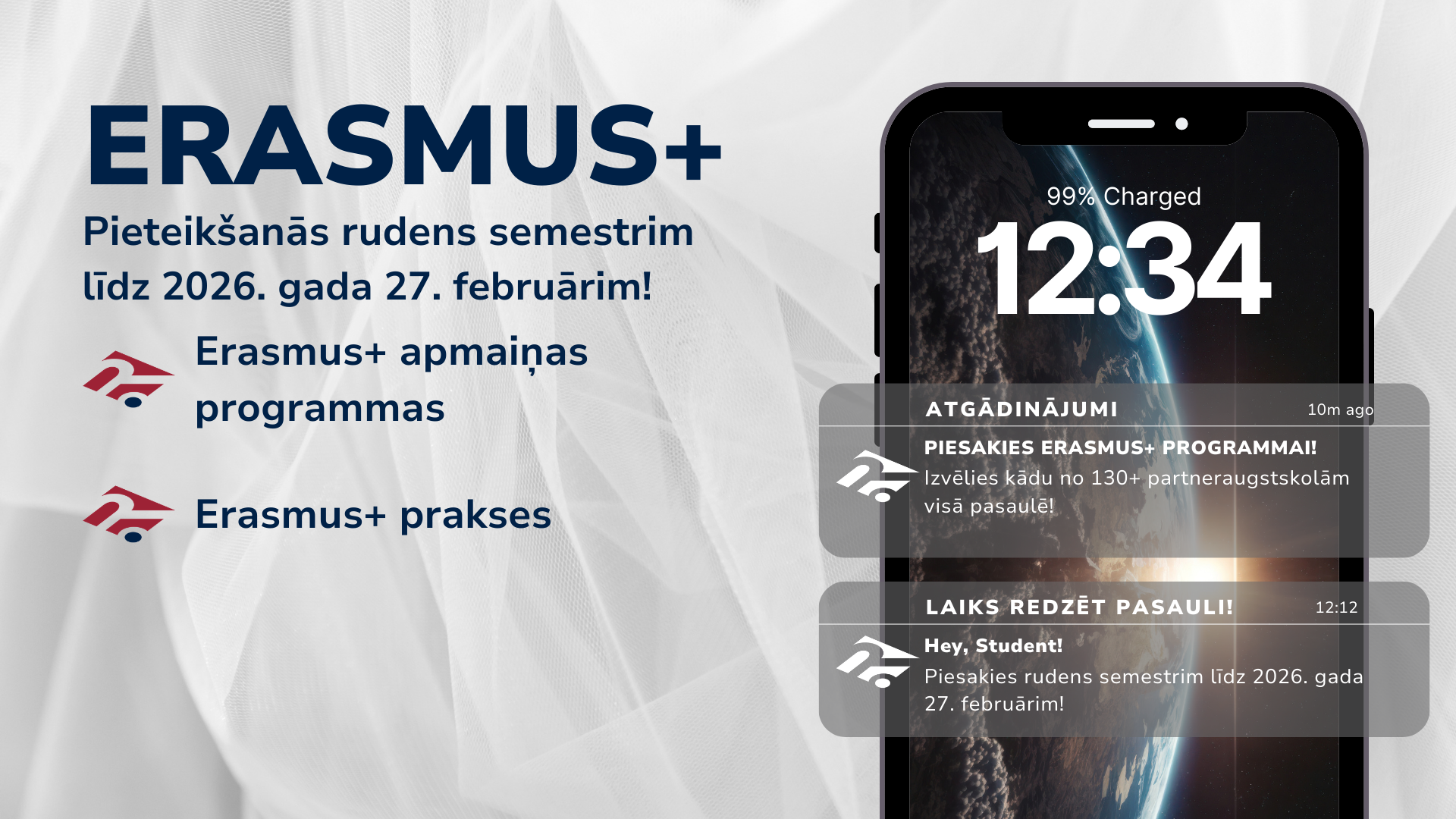 Pieteikšanās Erasmus+ studiju apmaiņai 2026. gada rudens semestrim ir atvērta!